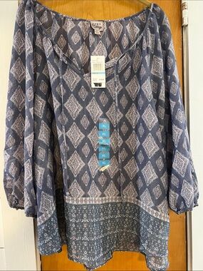 Boutique Blue Patterned Peasant Blouse